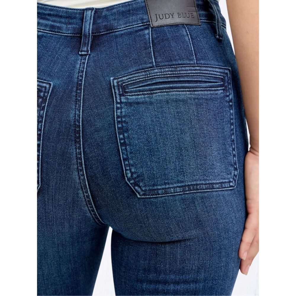 Judy Blue High Rise Flare Jeans Dark Wash Tummy Control Stretch Patch Pocket NEW - Picture 6 of 11